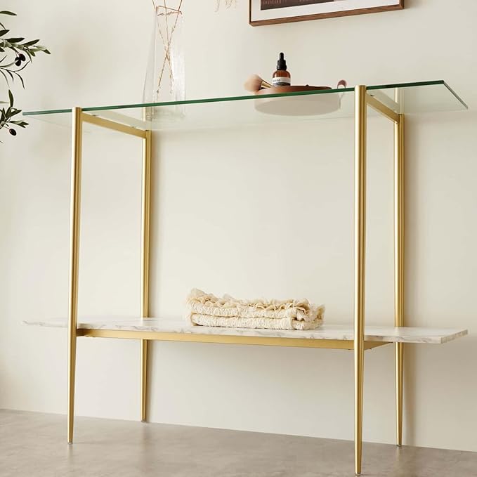 Glass Console Table for Living Room, Foyer & Entrance, 2-Tiers Mid-Century Modern Sofa Table with Clear Glass Top, White Marble Finish Wood Shelf and Gold Finish Frame-Ruum Studio Home