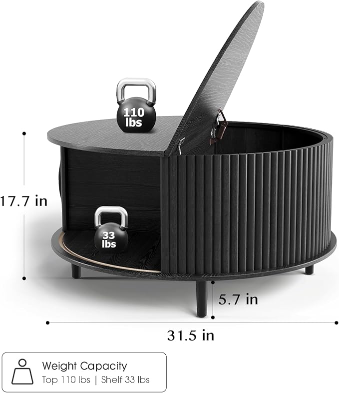 Round Coffee Table with Storage,Mid Century Modern Dining Table with Sliding Cabinet Door for Living Room,Home Small Space,31.5" Small Center Table,Black-Ruum Studio Home