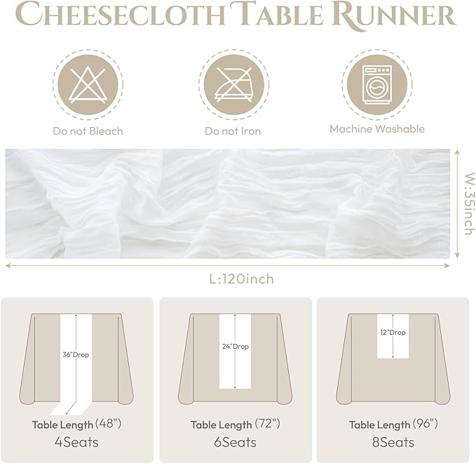 Sioloc Ivory White Cream Cheesecloth Table Runner Fall Autumn Decor for Home 10ft Table Cloth for Tea Wedding Birthday Party Baby Bridal Shower Halloween Thanksgiving-Ruum Studio Home