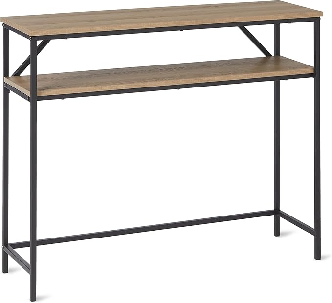 Amazon Basics Rectangular Console Table with Storage Shelf, Steel Frame, 39x31x11.8 in, Oak Finish-Ruum Studio Home