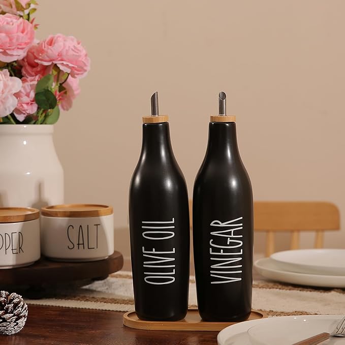 HOMCDALY Olive Oil and Vinegar Dispenser Set, Ceramic Oil and Vinegar Bottles with Bamboo Tray, 16.9oz Kitchen Cruet - Set of 2 - Black-Ruum Studio Home