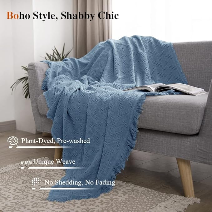 Simple&Opulence 100% Cotton Throw Blanket for Bed, Couch, Boho Luxury Geometric Knit Woven Blanket with Tassels Soft Lightweight Cozy Breathable, Vintage Farmhouse Decoration for All-Season(Blue)-Ruum Studio Home