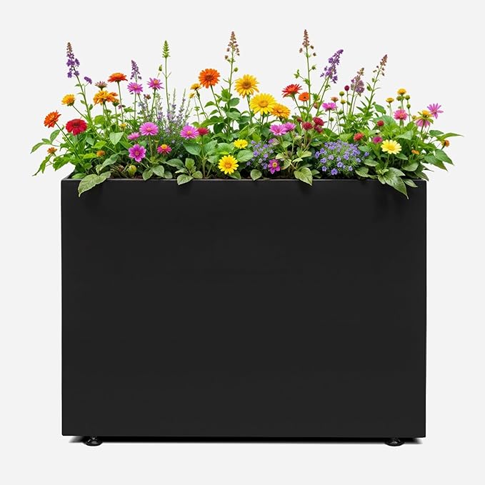 IDZO Metal Planter Box, Privacy Trough for Patio, Rectangle Container for Outdoor Plants, Tall Large Rectangular Steel Bed for Outdoor Greens with Drainage Holes & Adjustable Feet, Black-Ruum Studio Home