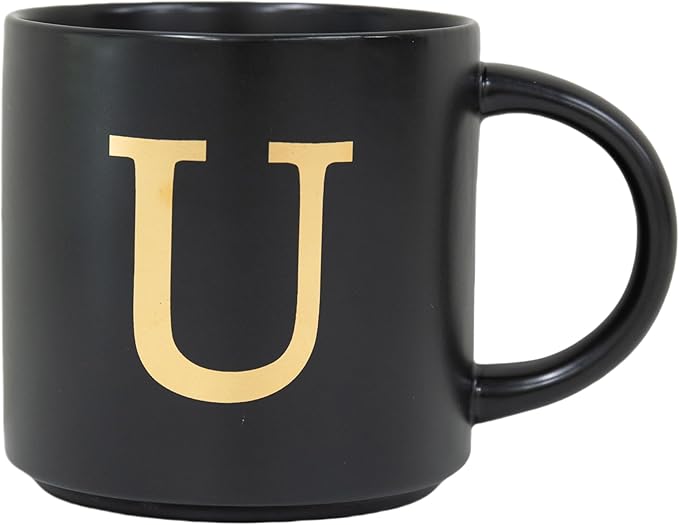 COLLECTIVE HOME - Monogram Ceramic Mugs, 15 oz Golden Initial Black Coffee Cups, Elegant Alphabet Tea Mugs, Elegant Personalized Mug with Gift Box, Unique Mug with Double Side Capital Lette (U)-Ruum Studio Home