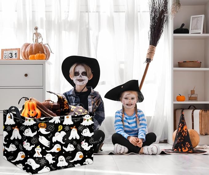 HIYAGON Rectangular Halloween Basket for Boys and Girls Kids Trick or Treat Pumpkin Basket for Halloween Parties Cute Storage Bin Organizer Box Room Decor(Black ghost)-Ruum Studio Home