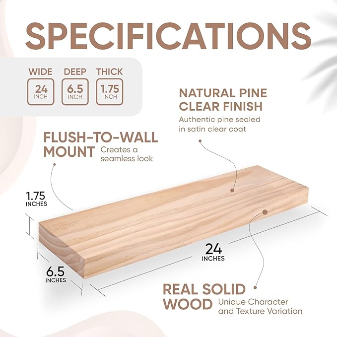 Homeforia 24 inch Natural Floating Shelf, High End Solid Real Wood 24inch Small Floating Shelves for Wall Mounted, Natural Wooden Floating Shelves, Heavy Duty Bracket, 24 X 6.5 X 1.75 in, Set of 4-Ruum Studio Home