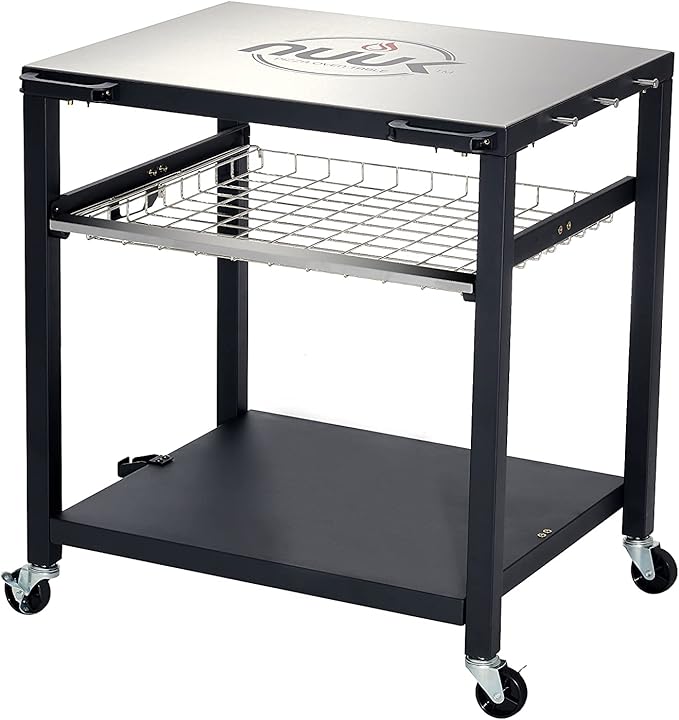 NUUK Double-Shelf Movable Outdoor Pizza Oven Table, 24" x 30" Stainless Steel Commercial Multifunctional Food Prep Worktable with Drawer on Wheels-Ruum Studio Home
