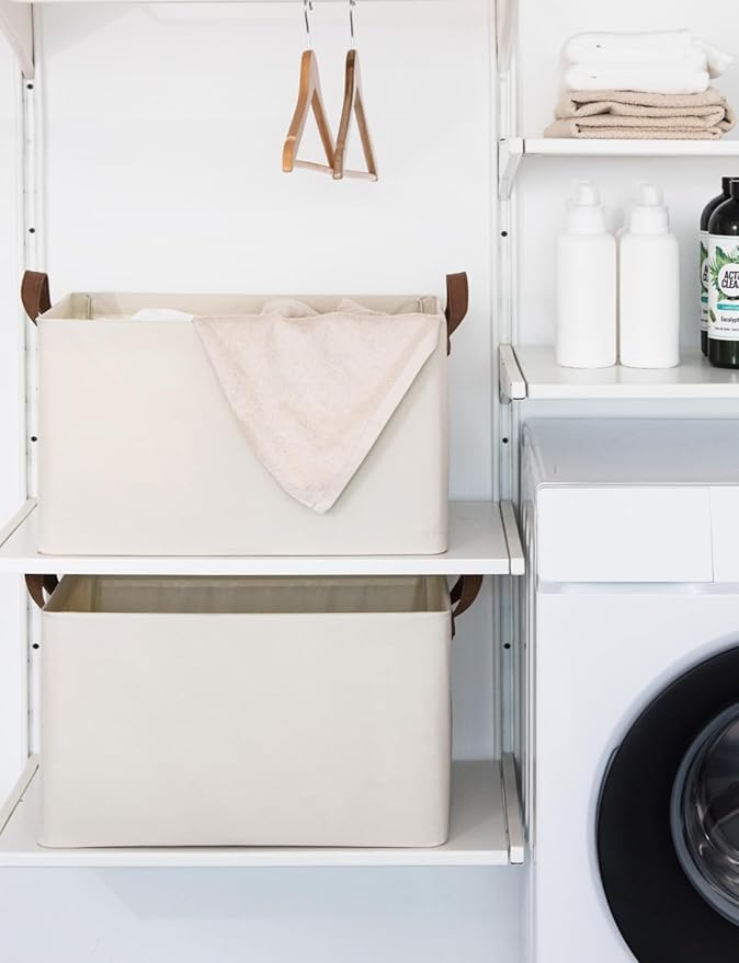 StorageWorks 45L Extra Large Fabric Storage Bins with PU Handles, Storage Baskets for Organizing, Large Laundry Basket, 2-Pack, Beige, 19" L X 13.25" W X 11" H-Ruum Studio Home