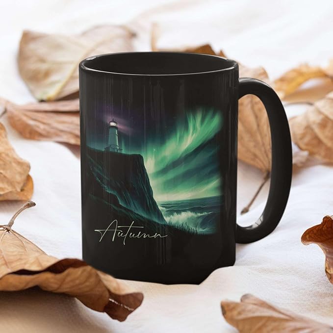 Customized Name Black Coffee Mug, Personalized Beautiful Northern Lights And Lighthouse Mug, Custom Mystical Ocean View Ceramic Cup, Gift For Women Men, Nature Themed Mug 11oz 15oz-Ruum Studio Home