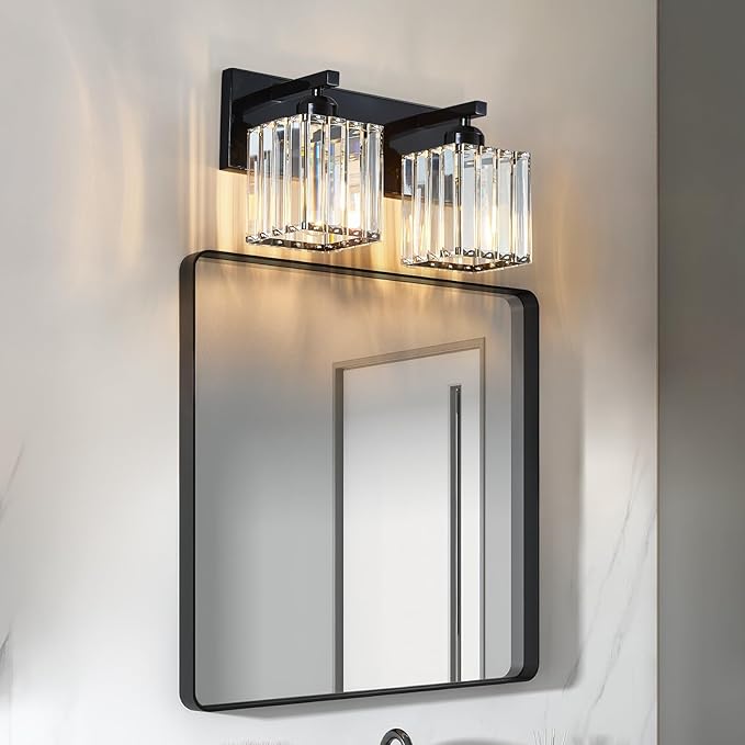 Modern Bathroom Vanity Light 2-Lights Plating Black Crystal Bathroom Wall Light Vanity Light Fixtures-Ruum Studio Home