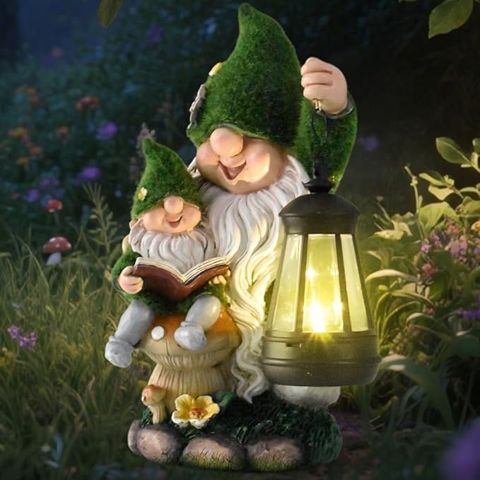 Solar Garden Gnome Statue Flocked Reading Parent & Child Gnomes with LED Light, Outdoor Waterproof Lawn Ornament Decor for Patio Lawn Yard Pathway Gift Idea for Women Mom Mothers Day-Ruum Studio Home