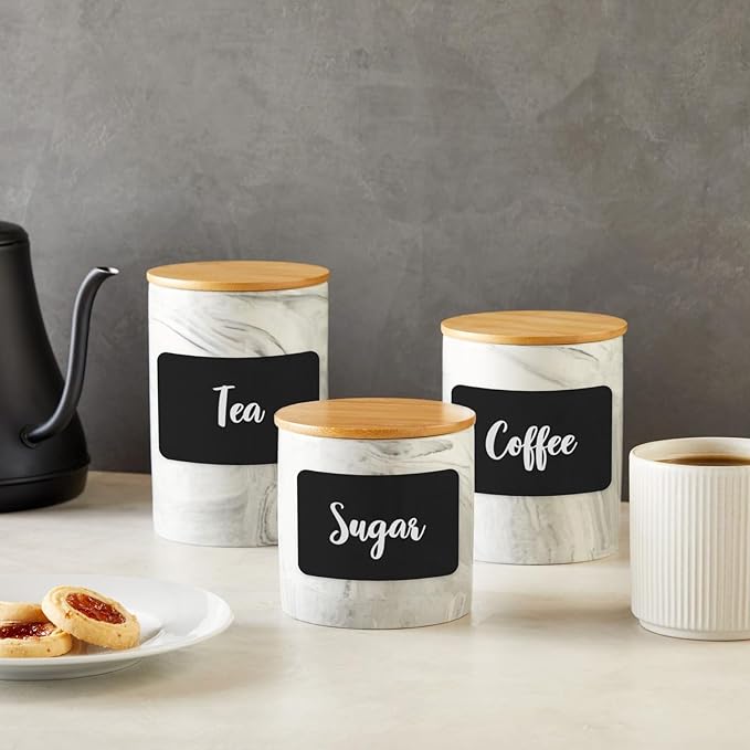 Farmlyn Creek Sugar & Coffee Container Set 3-Piece - White Marble Finish Ceramic Jar Set - Airtight Wood Lids - Ceramic Containers with Lids for Countertop Storage (5.9"/4.9"/3.9)-Ruum Studio Home