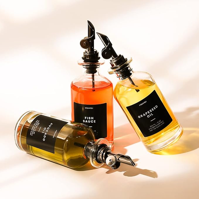 Molimoli Oil and Vinegar Dispenser with Metal Pour Spout, Weighted Pourer, Glass Bottle Dispenser for Kitchen, Olive Oil Cruet, Glass Olive Oil Bottle |350ml, Set of 2-Ruum Studio Home