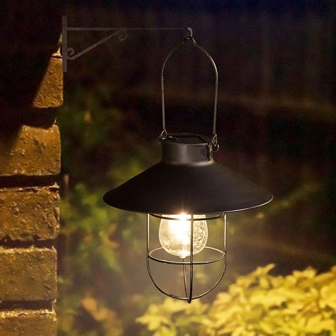 pearlstar Solar Lantern Outdoor 2 Packs Hanging Light Metal Solar Lamp with Warm White Edison Bulb Design for Garden Yard Patio Proch Decor(Black)-Ruum Studio Home