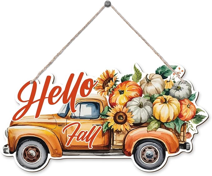 Hello Fall Wood Hanging Truck Decoration, Autumn Wooden Signs, Rustic Thanksgiving Decoration, Home Interior And Exterior Decor, Autumn Harvest Thanksgiving Home Decor-Ruum Studio Home