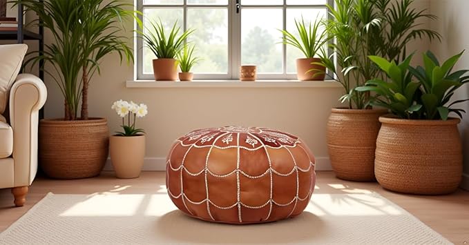 Stuffed Arch Design Moroccan Leather Pouf Ottoman, Handmade, Pre-Filled, 100% Genuine Leather, 14” Height x 22” Diameter – Boho Chic Footstool & Living Room Décor (Dark Tan)-Ruum Studio Home