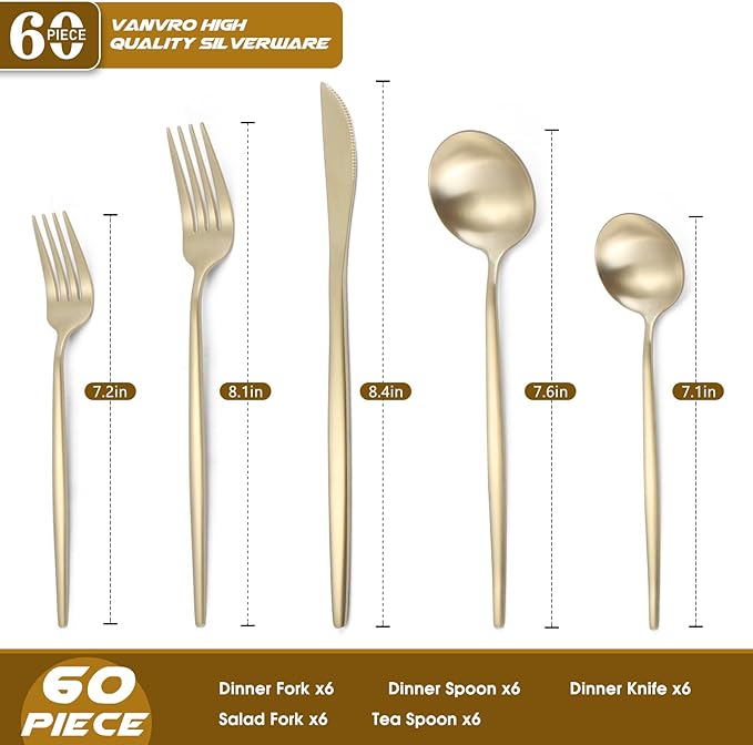 Matte Champagne Gold Silverware Set, 60-Piece Stainless Steel Flatware set, Service for 12, Tableware Cutlery Set, Satin Finish,Utensils for Kitchen, Dishwasher Safe-Ruum Studio Home