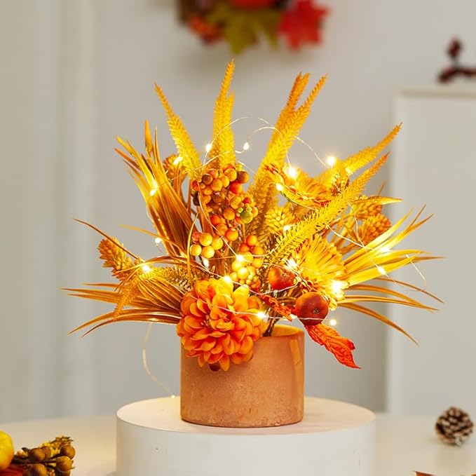 Thanksgiving Centerpiece Fall Table Flower - 2 Pack Lighted Realistic Artificial Table Plant with Western Modern Boho Rustic Aesthetic Bouquet Fall Decor Gift for Home Farmhouse-Ruum Studio Home