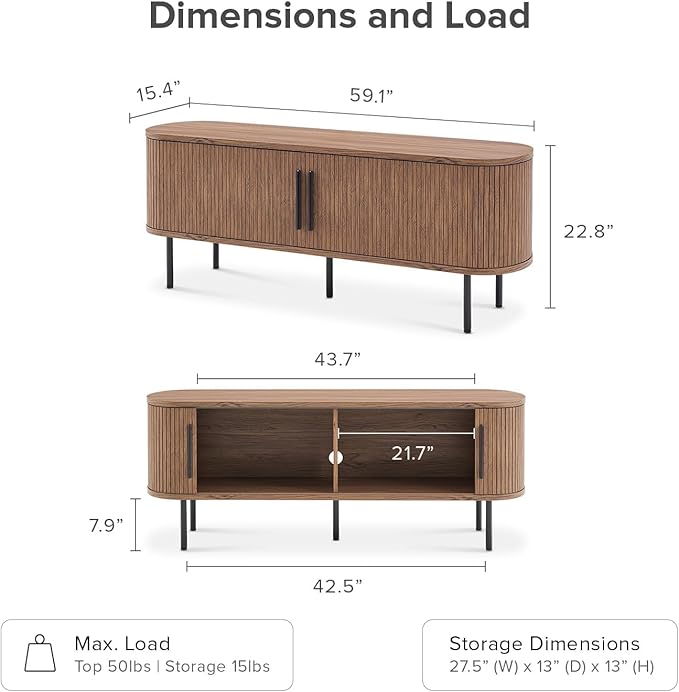 mopio Quin TV Stand, Mid Century Modern for 55/60/65 inch TV, Farmhouse TV Stand, Entertainment Center with Storage, TV and Media Console for Living Room (Walnut, 59" Tambour)-Ruum Studio Home