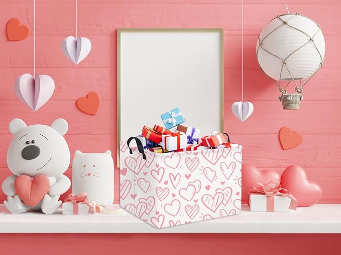 HIYAGON Rectangular Pink Basket Kids Baby Storage Bin Toy Basket Organizer Box for Girls Love Room Decor(Pink Striped Heart)-Ruum Studio Home