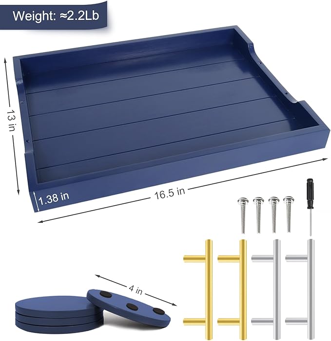 Coffee Table Tray - Large Ottoman Tray for Living Room - Wood Serving Tray with Handles(2 Sets) - Wooden Trays for Coffee Tables, 4 Round Coasters Included, Deep Blue-Ruum Studio Home