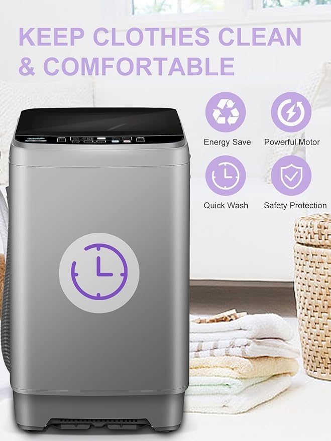 Full-Automatic Washing Machine 25 lbs Portable Washer 10 Wash Program & 8 Water Level with LED Display，Drain Pump, Ideal for Apartments, RV, Camping, Grey-Ruum Studio Home