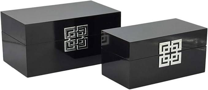 Galt International Storage Box Set Decorative Storage Box w/Hinged Lid Classic Design Wood Decor Boxes with Geometric Clasp Storage for Bedroom & Home - Set of 2 (Black & Silver)-Ruum Studio Home