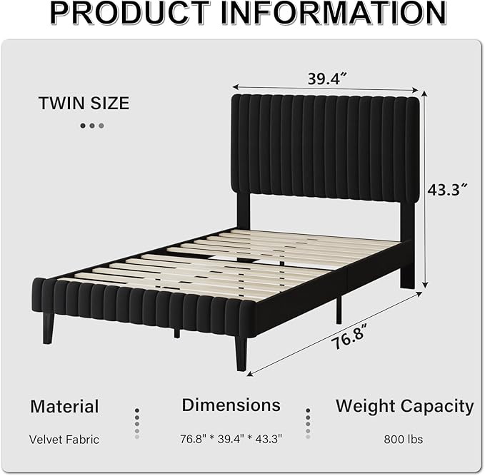 Twin Bed Frame, Velvet Upholstered Platform Bed with Vertical Channel Tufted Headboard and Footboard, No Box Spring Required, Easy Assembly, Black-Ruum Studio Home