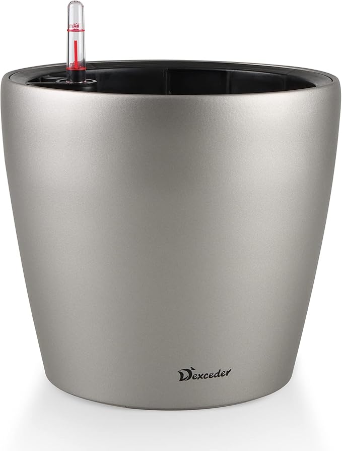 Dexceder 9x8 Inches Self Watering Planter Metallic Matte Indoor Outdoor, Inner Pot Design, Thickened Table Flower Plant Pot with Water Level Indicator (Smoky Gray)-Ruum Studio Home