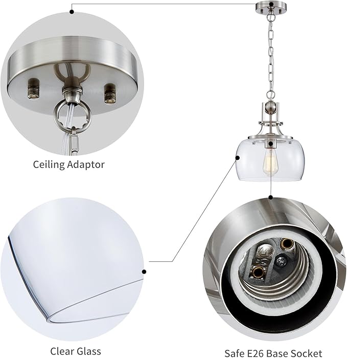 WUZUPS Chandelier Rustic Farmhouse Industrial Round Ceiling Pendant LED Light Fixture with Clear Glass Shades for Dining Room Kitchen Island Foyer Entryway, H 13" x W 10", E26 Base, Brushed Nickel-Ruum Studio Home
