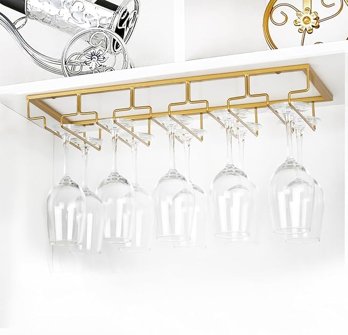 Wine Glass Rack - Under Cabinet Stemware Wine Glass Holder Glasses Storage Hanger 2 Pack Metal Organizer for Bar Kitchen 5 Rows Gold-Ruum Studio Home
