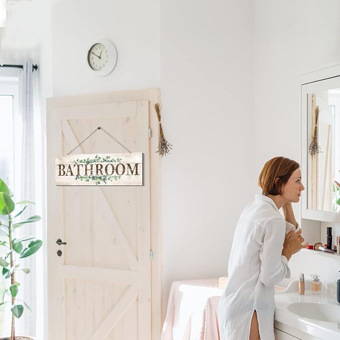 Bathroom Sign Wall Decor, Bathroom Wall Art with Plant Print, Rustic Farmhouse Wall Hanging Plaque Home Kitchen Decorative Bathroom, 4.7 x 13.7 inches-Ruum Studio Home