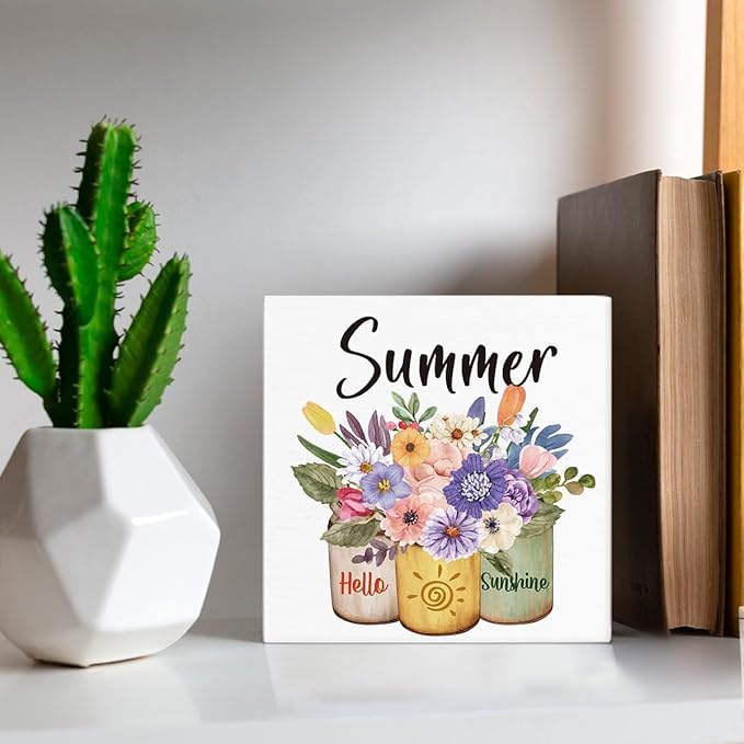 Summer Decor Farmhouse Summer Decorations Hello Sunshine Wooden Sign Rustic Home Decor 5 x 5 Inches-Ruum Studio Home