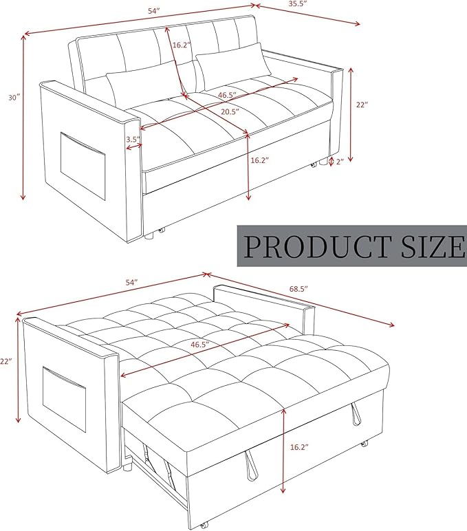 3 in 1 Sleeper Sofa Bed, Futon Sofa Bed for Living Room with Side Pocket, Green Sleepers Sofas Couch with Pullout Beds, Convertible Love Seat Sleepers Couch for Living Room, Bedroom-Ruum Studio Home