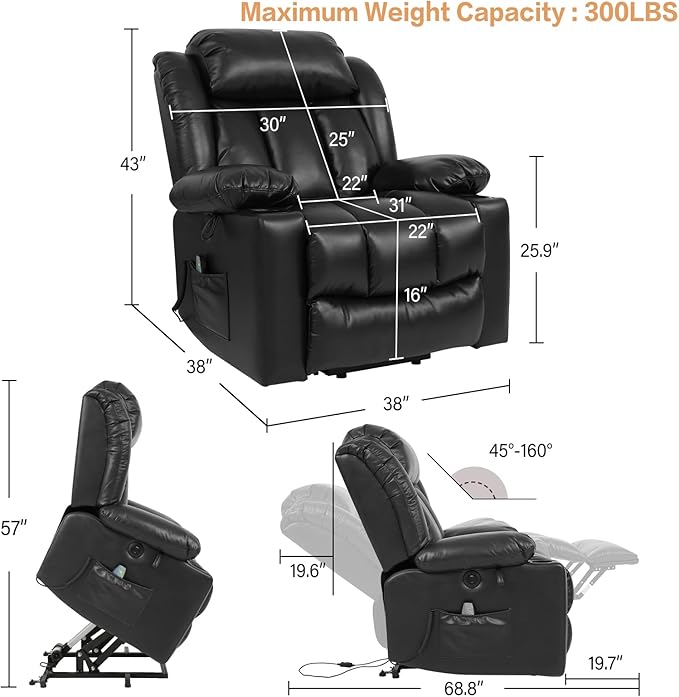 PARKOL Power Lift Recliner Chair for Elderly Breathable Leather Recliner Chair with Massage and Heat,2 Cup Holders,Electric Stand Assist,USB Ports,Gifts for Family (Black)-Ruum Studio Home