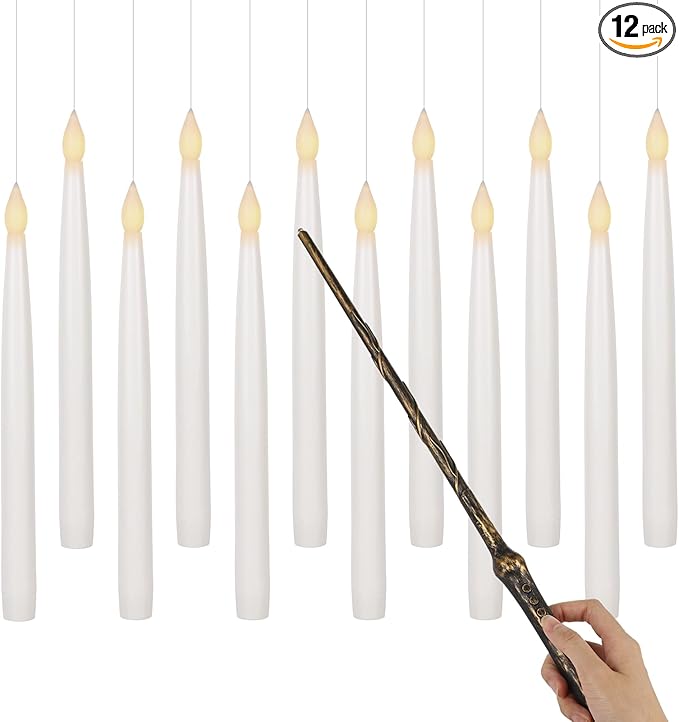 GenSwin 10.8" Floating Candles with Magic Wand Remote Timer, Flameless Taper Candles Flickering Battery Operated, LED Electric Hanging Window Candle Christmas Halloween Decorations(12 Pack, White)-Ruum Studio Home