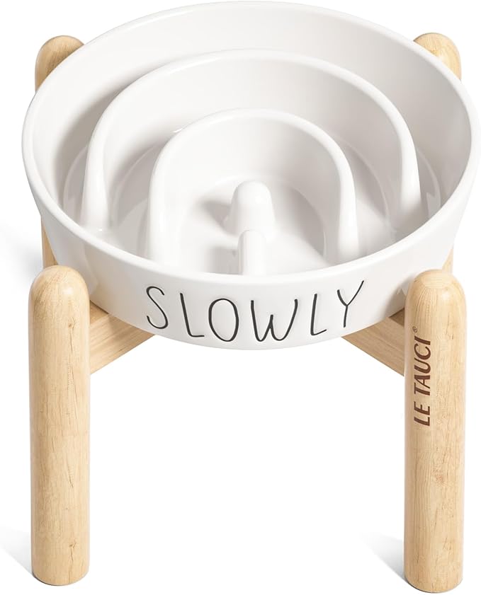 Slow Feeder Dog Bowls - 3-Cup Raised Ceramic & Wood Stand for Medium-Large Breed, White-Ruum Studio Home