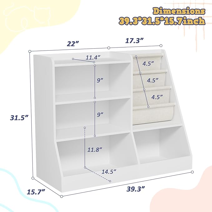 39" Large Kids Wooden Bookshelf and Toy Storage Organizer, Baby Bookcase with Sling Book Rack, Children Toddler Wooden Book Shelf for Kids Rooms, Playroom, Classroom, Nursery, School (White)-Ruum Studio Home