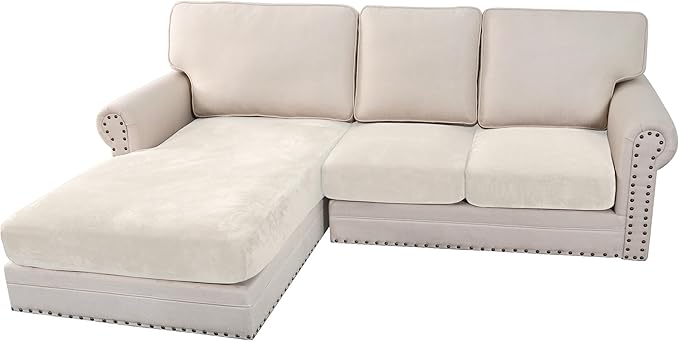 H.VERSAILTEX Velvet Stretch Sectional Couch Covers 3 Pieces Sofa Seat Cushion Covers L Shape Separate Couch Cover for Both Left/Right Sectional Couch (Large Sofa 2 Seater + 1 Chaise, Porcelain)-Ruum Studio Home