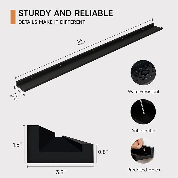 Floating Picture Ledge Shelves for Wall Set of 2, 84 Inches Picture Ledge Shelf with Long Large Nursery Book Shelf for Toys Storage Kids Bookshelf Wall Mounted Living Room Bedroom Decor Frames, Black-Ruum Studio Home