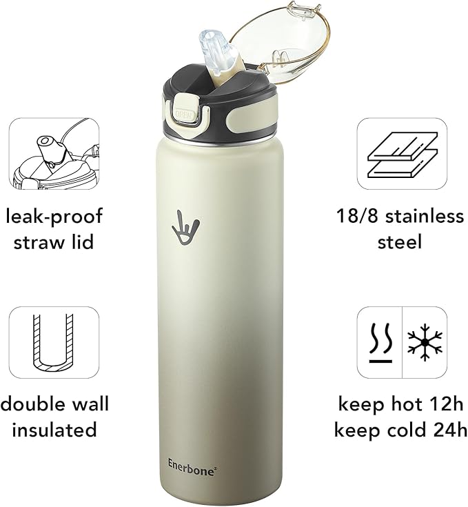 Enerbone 32 oz Insulated Water Bottle, Stainless Steel Bottle with Carrying Strap, Double-Wall Vacuum Insulation Design, Leakproof Sports Bottle with Straw, Keep Drinks Cold or Hot for Hours-Ruum Studio Home