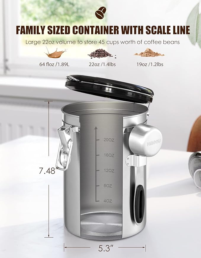 HAIOOU Airtight Coffee Canister, 16OZ Small Stainless Steel Coffee Bean Storage Container with Date Tracker, Measuring Scoop, CO2 Releasing Valves and Mini Tongs for Beans, Grounds and more - Silver-Ruum Studio Home