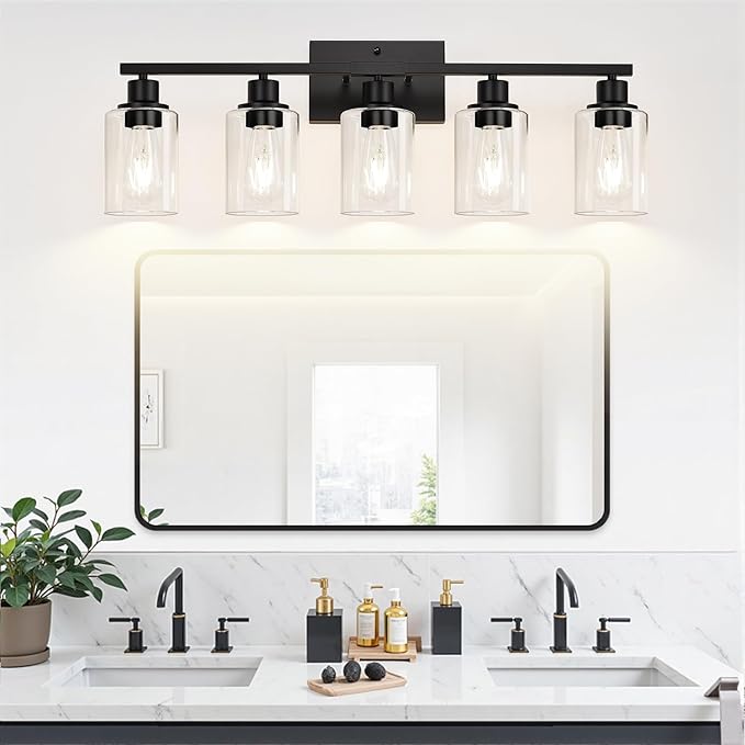 5-Light Bathroom Light Fixtures, Matte Black Modern Vanity Lights with Clear Glass Shades, Bathroom Vanity Light for Mirror Living Room Cabinet Bedroom Porch-Ruum Studio Home