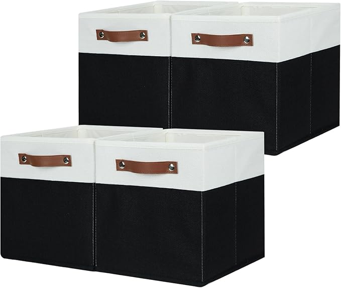 HNZIGE Cubes Storage Bins Set of 4,11 x 11 Fabric Storage Cube Baskets for Storage,Decorative Storage Bins for Shelves with Handles,Closet Clothes Baskets for Organizing Home(Black White)-Ruum Studio Home