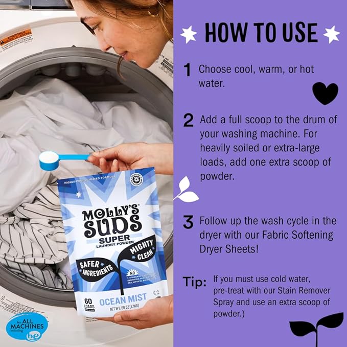 Molly's Suds Super Powder Detergent | Extra Strength Laundry Soap, Stain Fighting | Sensitive Skin | Simple, Effective Ingredients | Lavender, 120 Loads Total (2 Pack)-Ruum Studio Home