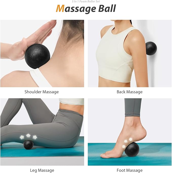 5 in1 Foam Roller Set, Trigger Point Foam Roller, Massage Roller Stick, Massage Ball, Resistance Band for Deep Muscle Massage Pilates Yoga,Fitness Exercise for Whole Body (Black-Red)-Ruum Studio Home