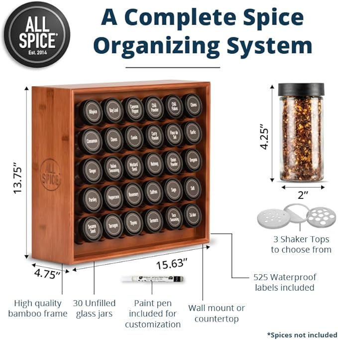 AllSpice Spice Rack Organizer, Wood, 525 Unique Labels, Countertop or Wall Mount, Includes 30 4oz Jars- Cherry Stain-Ruum Studio Home