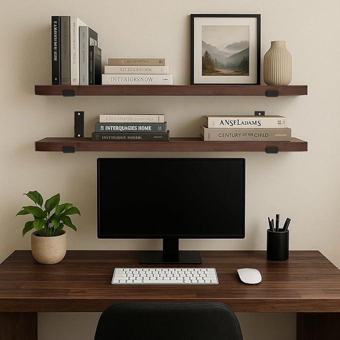 CONSDAN Floating Shelves for Wall Mounted Book Shelf Hanging Shelves Floating Bookshelf for Bedroom, Bathroom, Living Room, Kitchen USA Grown Solid Hardwood, Dark Maple 60x7.5x1.5 in (Set of 2)-Ruum Studio Home