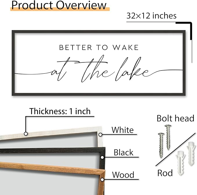 SRSZHIYUE Better To Wake At The Lake Wall Decor Above Bed Sign 32"×12" for Lake House Bedroom Over Bed Large Wood Framed Wall Hanging Art (Black)-Ruum Studio Home