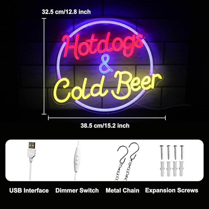 Hot Dogs and Cold Beer Neon Sign for Wall Decor Dimmable Bar Neon Light Sign Colorful LED Neon Signs Beer Neon Light Wall Art LED Sign for Bar Restaurant Shop Food Court Party Decor-Ruum Studio Home